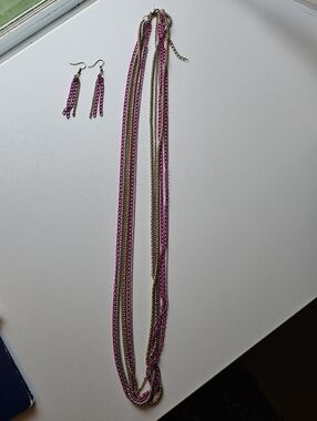 Multi-Strand Pink, Silver and Gold Chain Necklace with Matching Earrings